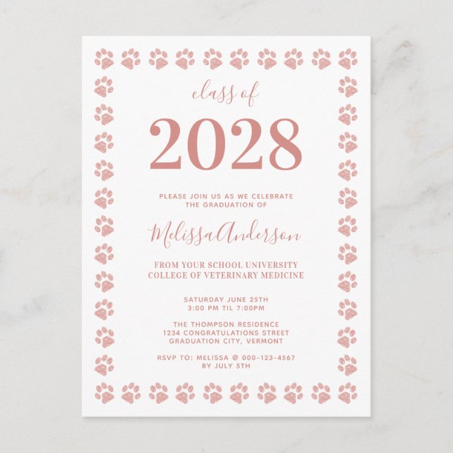 Invitation Carte Postale Graduation de Rose Gold Glitter Paw Prints (Devant)
