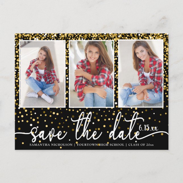 Invitation Carte Postale Graduation Enregistrer Date 4 Photo Parties scinti (Devant)