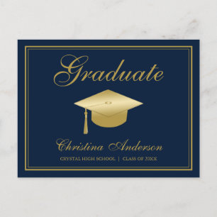 Invitation Carte Postale Graduation Gold Casquette & Script sur Blue Party