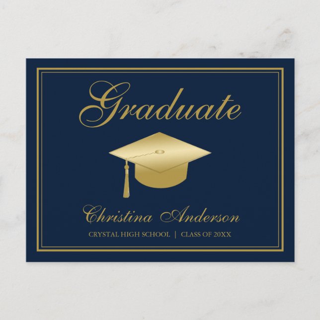 Invitation Carte Postale Graduation Gold Casquette & Script sur Blue Party (Devant)