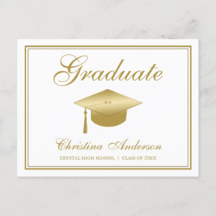 Invitation Carte Postale Graduation Gold Casquette & Script sur White Party