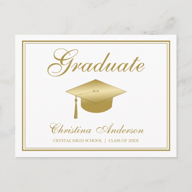 Invitation Carte Postale Graduation Gold Casquette & Script sur White Party (Devant)