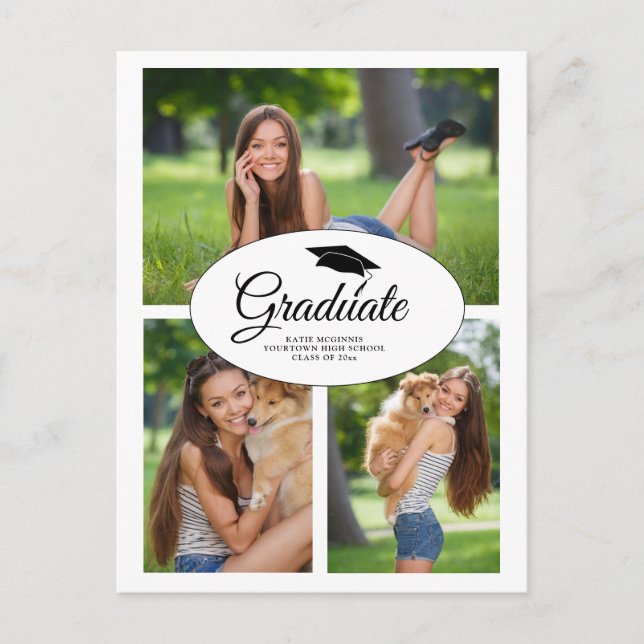 Invitation Carte Postale Graduation moderne blanche 3 Collage photo (Devant)