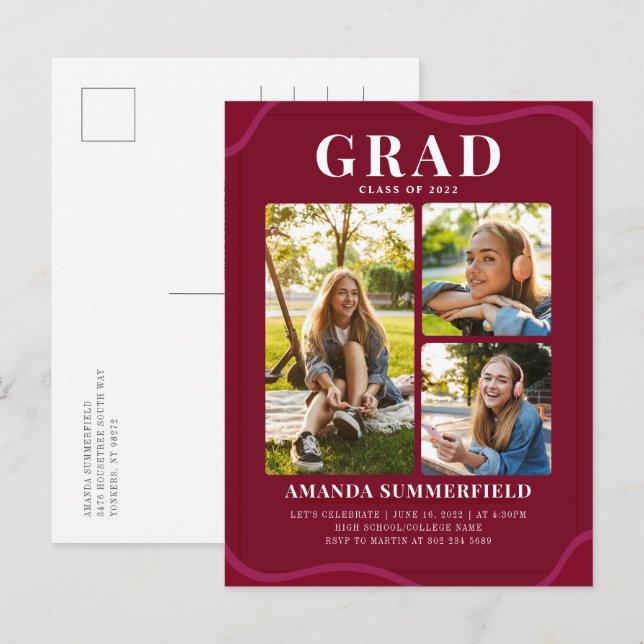 Invitation Carte Postale Graduation Party 2025 Grad Photos Bourgogne (Devant / Derrière)