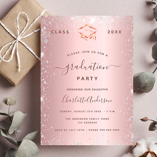 Invitation Carte Postale Graduation party blush rose argent 2023 (Créateur téléchargé)