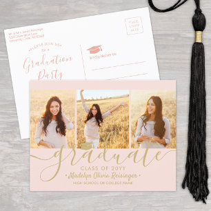 Invitation Carte Postale Graduation Party Moderne Blush Rose & Or 3 Photo