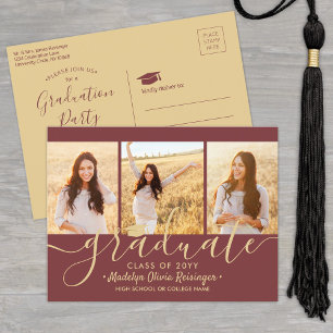 Invitation Carte Postale Graduation Party Moderne Bourgogne et Or 3 Photo