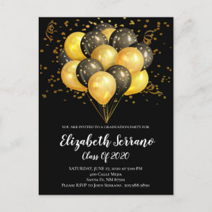 Invitation Carte Postale Graduation Party Moderne Gold et Black Ballons