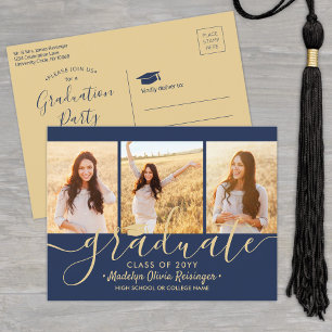 Invitation Carte Postale Graduation Party Moderne Marine bleu et or 3 Photo