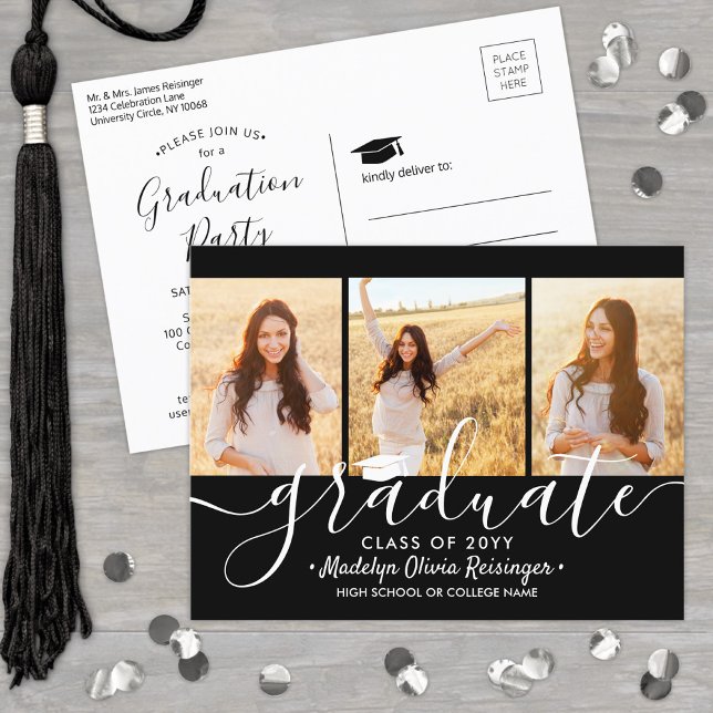 Invitation Carte Postale Graduation Party moderne noir et blanc 3 photo (Créateur téléchargé)