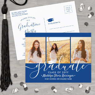 Invitation Carte Postale Graduation Party Moderne Royal Bleu & Blanc 3 Phot