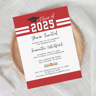 Invitation Carte Postale Graduation Red White Script Grad Party