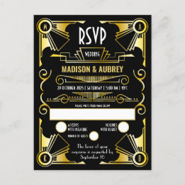 Invitation Carte Postale Grand Gatsby Art Déco Mariage or & noir RSVP