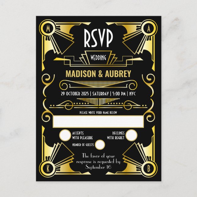 Invitation Carte Postale Grand Gatsby Art Déco Mariage or & noir RSVP (Devant)