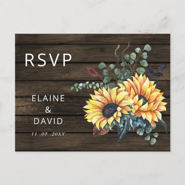Invitation Carte Postale Grange rustique Bois Pays Fleurs de soleil RSVP (Devant)