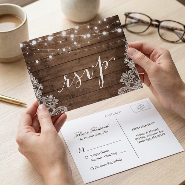 Invitation Carte Postale Grange Wood Twinkle lumières dentelle Rustique mar (Créateur téléchargé)