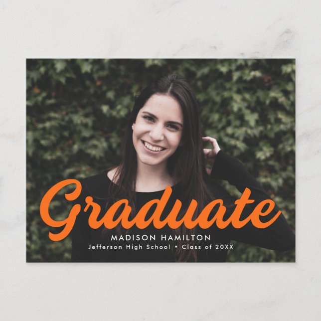 Invitation Carte Postale Gras Orange Script Photo Graduation Party (Devant)