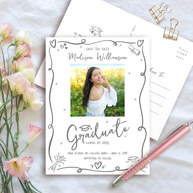 Invitation Carte Postale Gray Hand Drawn Doodles Save the Date Grad Photo (Créateur téléchargé)
