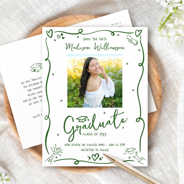 Invitation Carte Postale Green Doodles Graduation Save the Date Photo White (Créateur téléchargé)