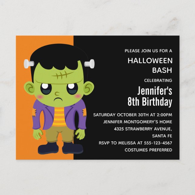 Invitation Carte Postale Green Frankenstein Monster Halloween Anniversaire (Devant)