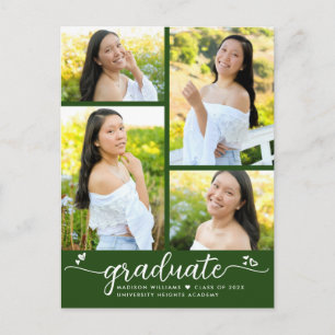 Invitation Carte Postale Green Graduation 4 Photo Moderne Fille Script Coeu
