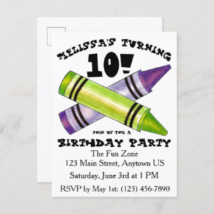 Invitation Carte Postale Green Purple Artist Crayons Enfant fête d'annivers