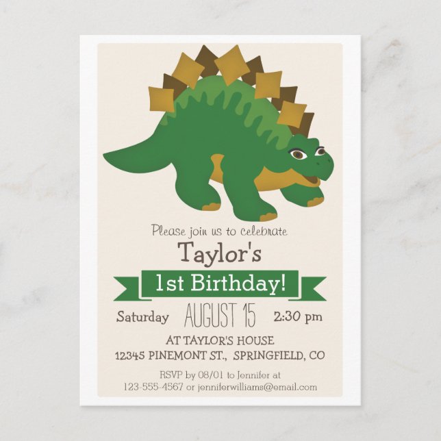 Invitation Carte Postale Green Stegosaurus Dinosaur fête d'anniversaire pou (Devant)