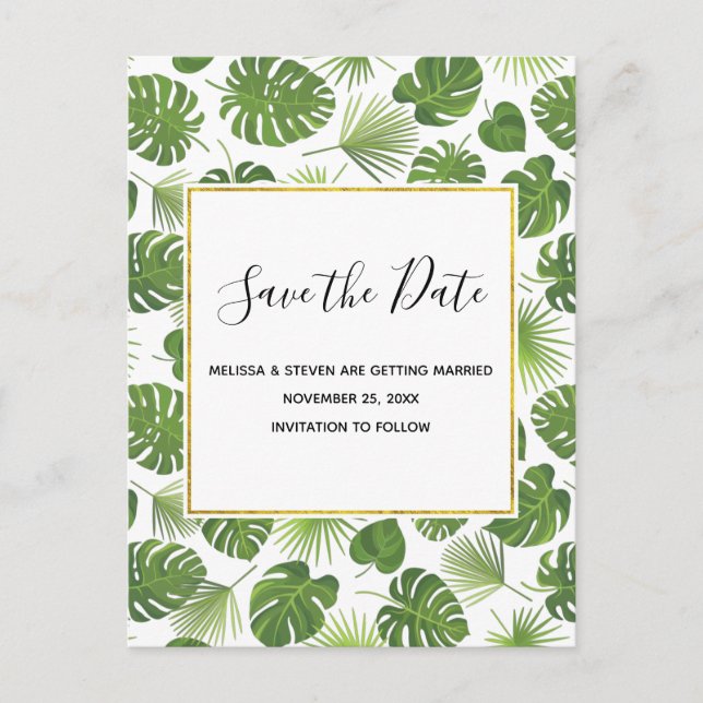 Invitation Carte Postale Green Tropical Feuille Motif Classy Enregistrer la (Devant)