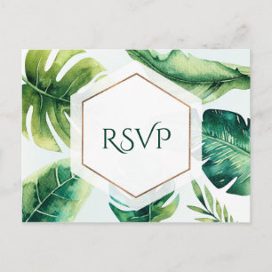 Invitation Carte Postale Green Tropical Feuilles Blanc Elégant Mariage RSVP