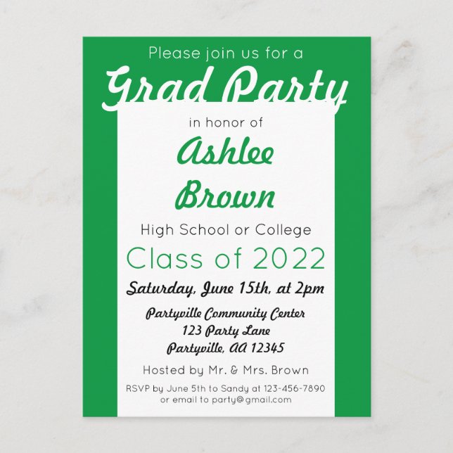 Invitation Carte Postale Green White Bold Grad Party Grad (Devant)
