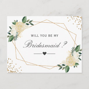 Invitation Carte Postale Green White Gold Floral Be My Bridesmaid Propositi