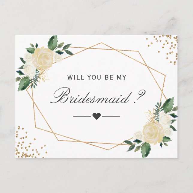 Invitation Carte Postale Green White Gold Floral Be My Bridesmaid Propositi (Devant)