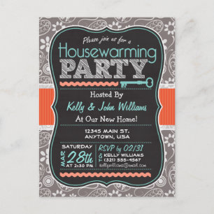Invitation Carte Postale Grey Paisley; Chalkboard House Party
