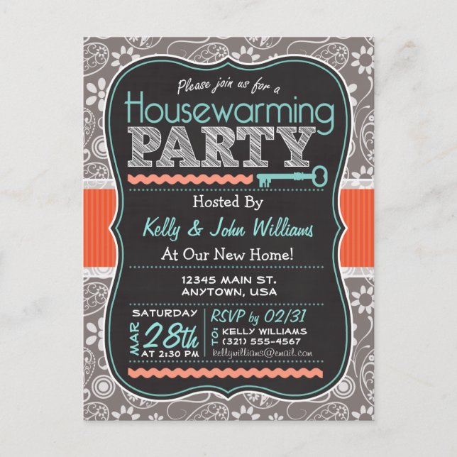Invitation Carte Postale Grey Paisley; Chalkboard House Party (Devant)