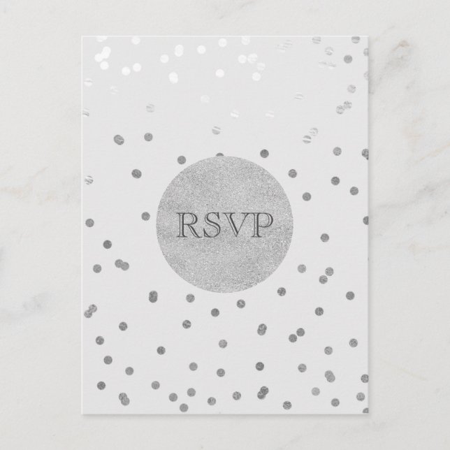 Invitation Carte Postale Gris clair et points de confettis brillants argent (Devant)