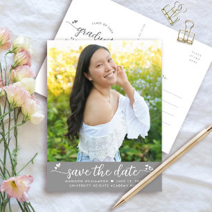 Invitation Carte Postale Gris Enregistrer la date Graduation Photo Script C