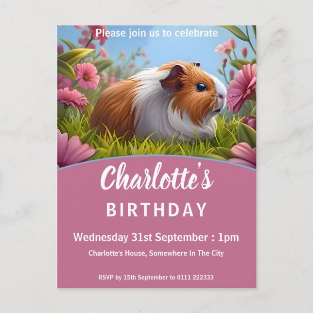 Invitation Carte Postale Guinée Cochon & Fleurs roses fête d'anniversaire (Devant)