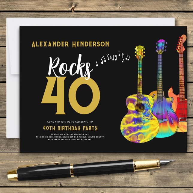 Invitation Carte Postale Guitar Music fête de 40e anniversaire (Guitar 40th birthday party black and gold budget invitation postcard musician guitarist )