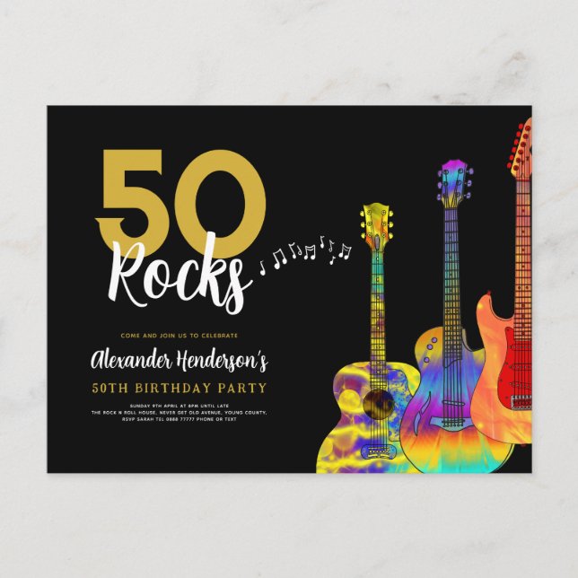 Invitation Carte Postale Guitares 50e anniversaire fête 50 Rocks (Devant)