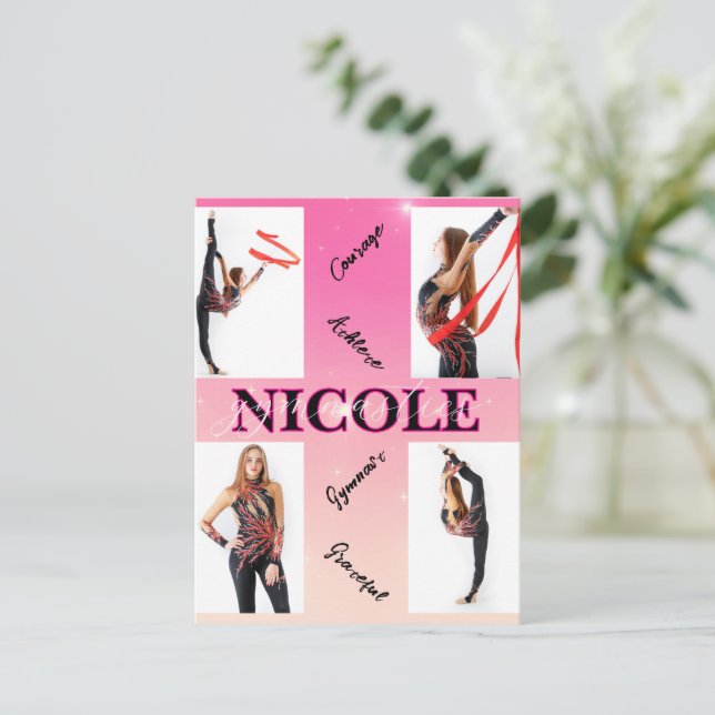 Invitation Carte Postale Gymnastique enchevêtrée rose 4 Photo Encouragement (Debout devant)