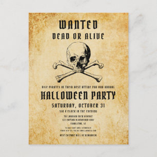 Invitation Carte Postale Halloween Crâne de Pirate Vintage & Os