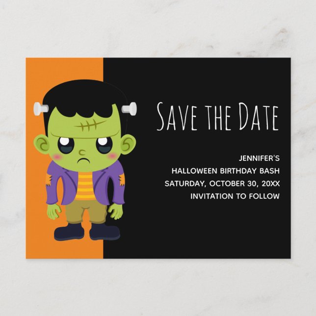 Invitation Carte Postale Halloween monstre Frankenstein vert Sauvez la date (Devant)