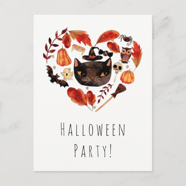 Invitation Carte Postale Halloween Party Chat noir Aquarelle Whimsical (Devant)