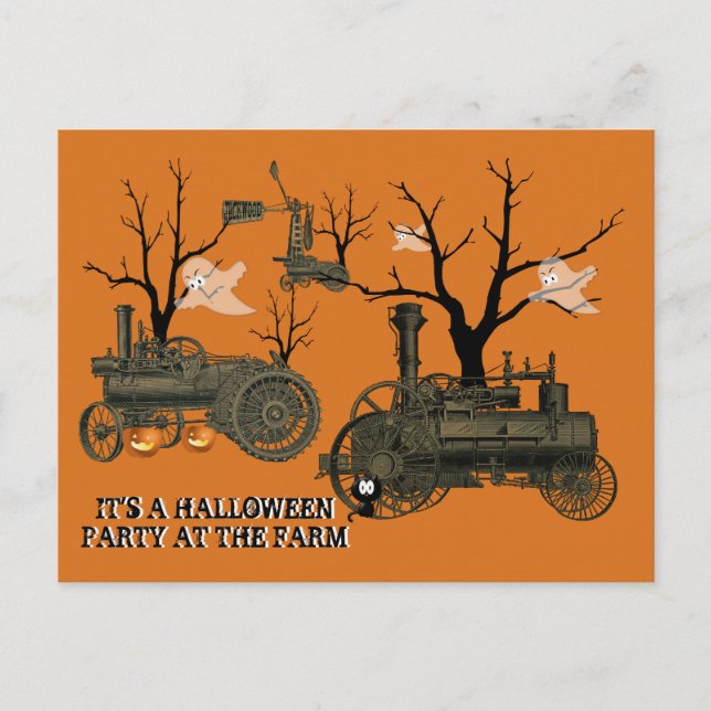 INVITATION CARTE POSTALE HALLOWEEN PARTY @ FARM STEAM ENGINE WINDMILL GHOST (Devant)