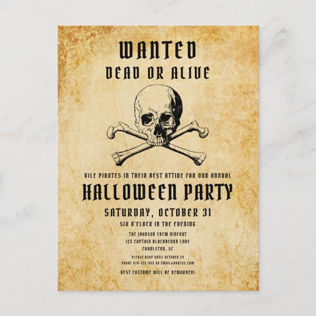 Invitation Carte Postale Halloween vintage Pirate et os (Devant)