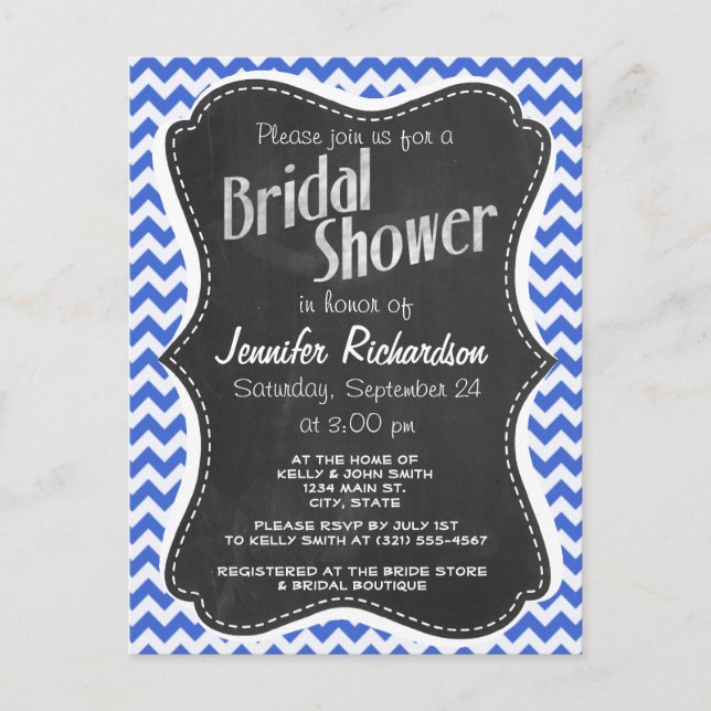 Invitation Carte Postale Han Blue Chevron Stripes; Chalkboard look (Devant)