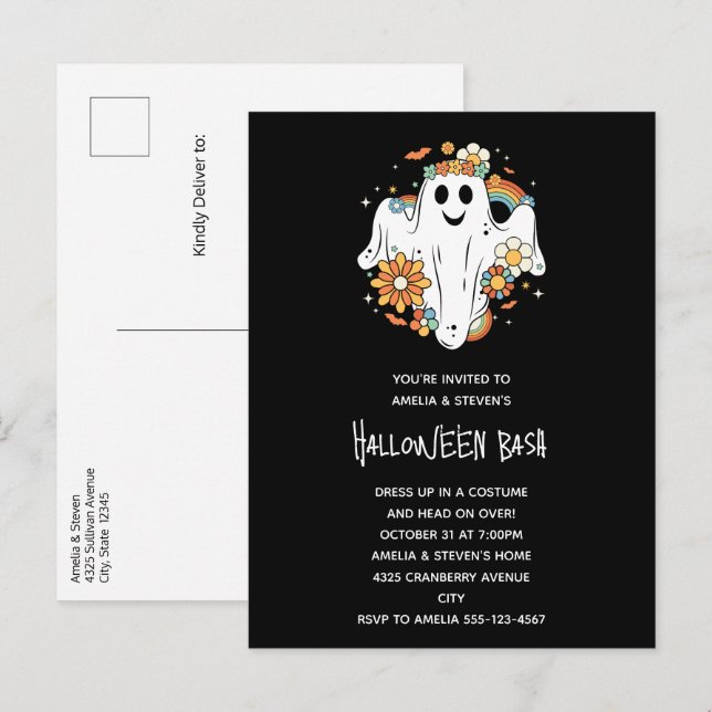 Invitation Carte Postale Happy Ghost Retro Hippie Vibe Halloween (Devant / Derrière)