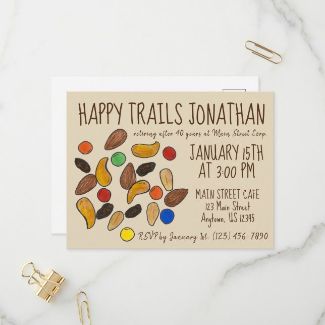 Invitation Carte Postale Happy Trails Trail Mix Go Away Retirement Party (Devant/Arrière en situation)