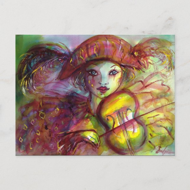 Invitation Carte Postale HARLEQUIN JOUER VIOLIN Music, Masquerade Party (Devant)