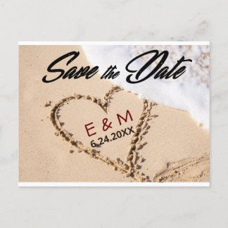 Invitation Carte Postale Hearts in the Sand Beach Shore Save The Date Cards